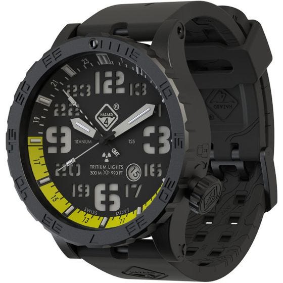 Hazard 4 Heavy Water Diver Titanium Nightwatch GMT-Armbanduhr mit Tritium-Lichtquelle Gelb/Grün/Gelb