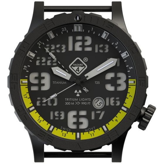 Hazard 4 Heavy Water Diver Titanium Nightwatch GMT-Armbanduhr mit Tritium-Lichtquelle Gelb/Grün/Gelb